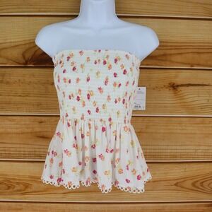 SO Peplum Tube Top Lined Womens Size M Ivory White Multicolor Floral Stretch NWT
